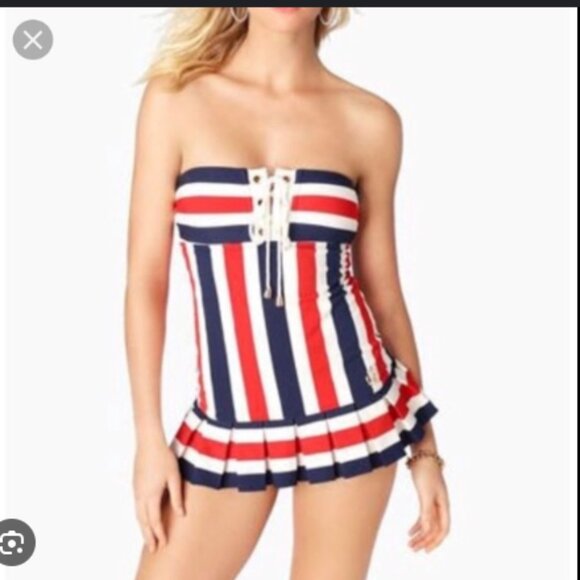 Vintage Juicy Couture Swimsuit Sailor Nautical Red White Blue Stripes Size Large - Picture 3 of 16